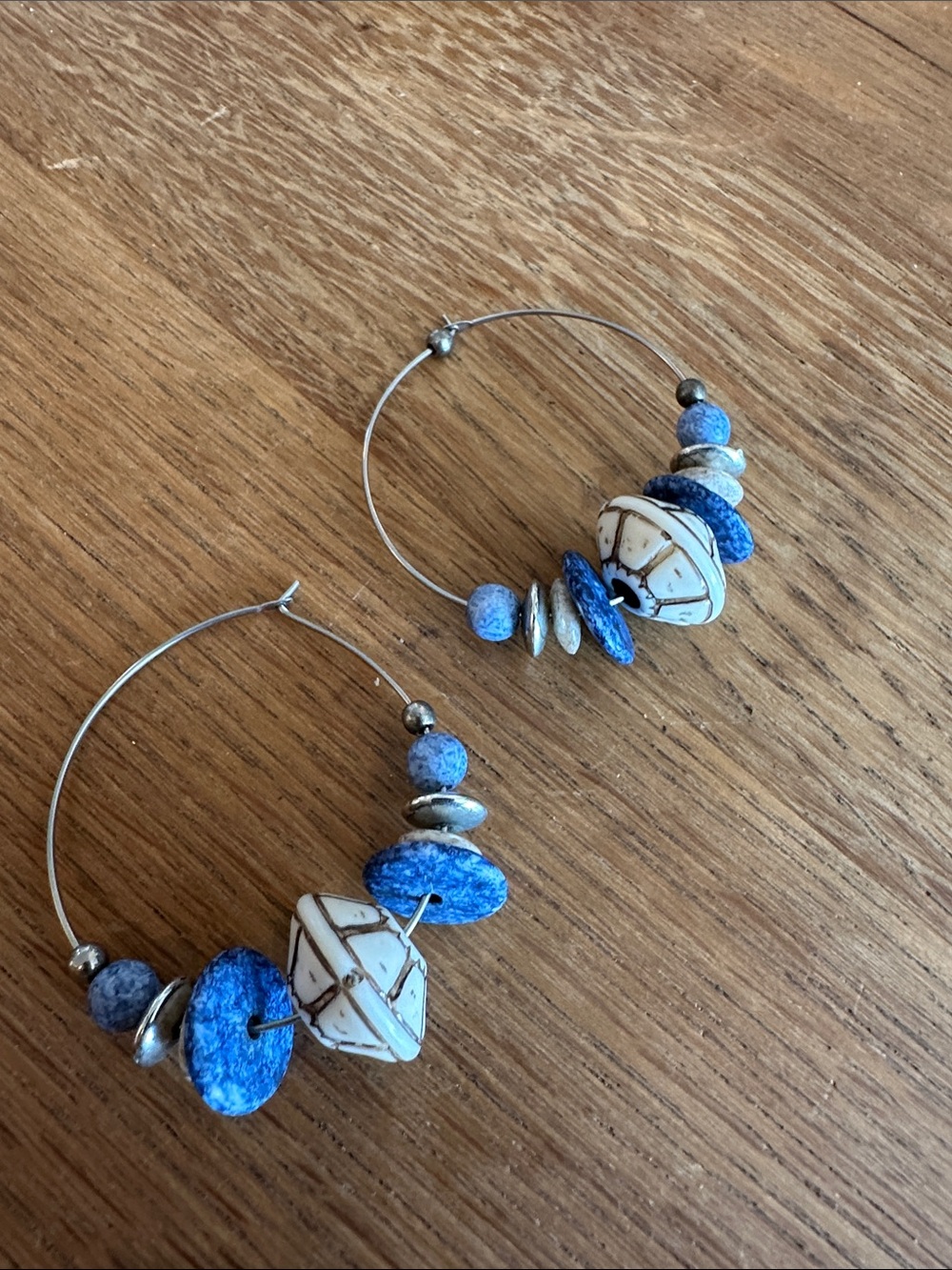 Blue Beaded Hoop Earrings with Ivory Accent Beads